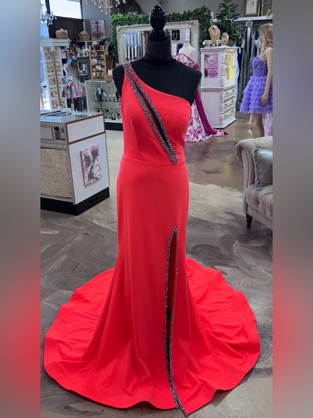 One-Shoulder Red Evening Gown with Beaded Trim